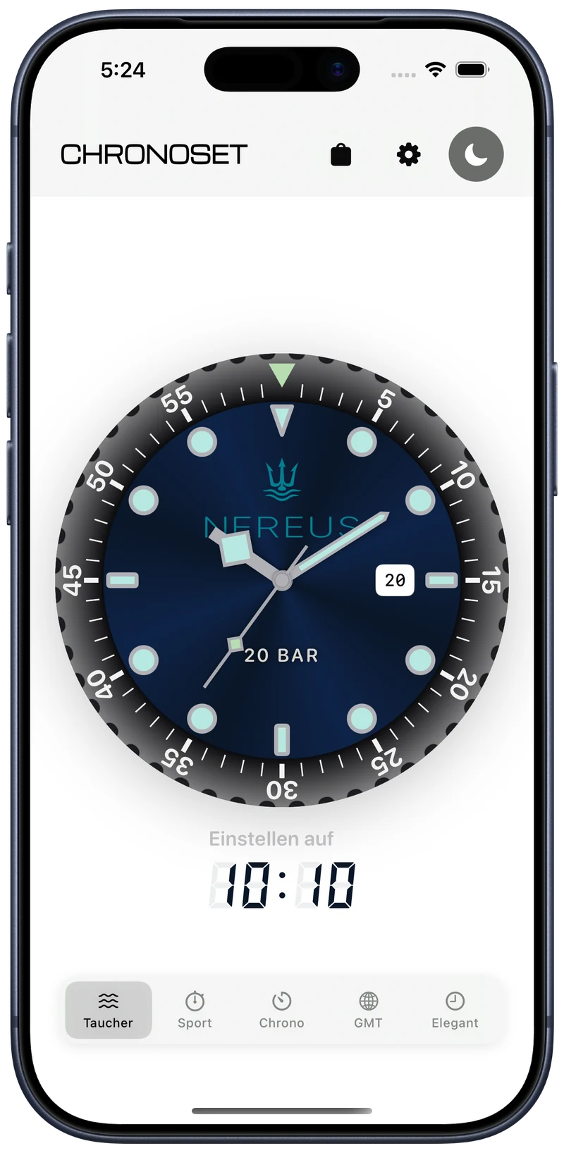 ChronoSet-Zifferblatt Diver auf einem iPhone im hellen Modus